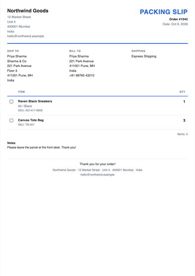 Packing slip